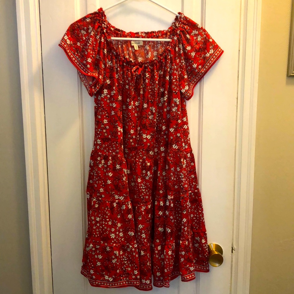 Red dress with white and black floral print